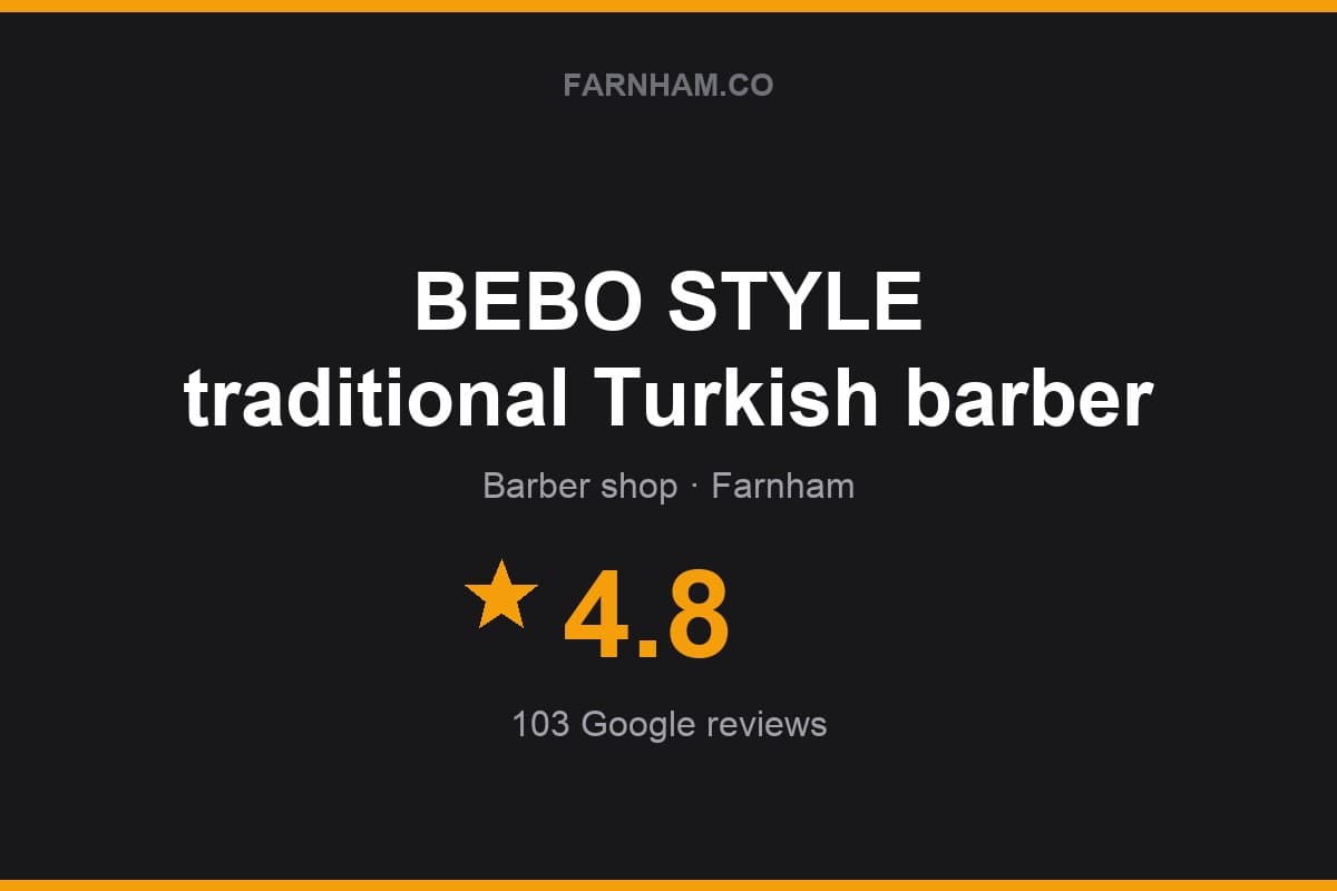 Branded Farnham Direct rating card for BEBO STYLE traditional Turkish barber: 4.8 stars, 103 Google reviews
