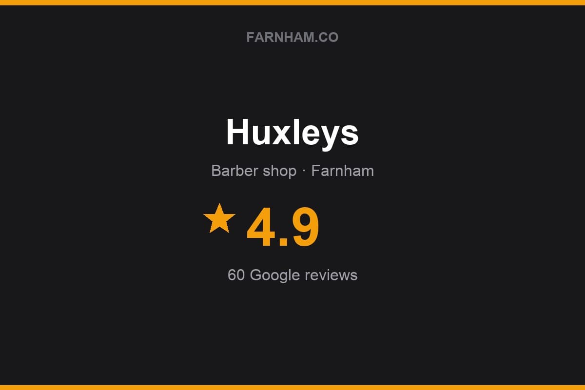 Branded Farnham Direct rating card for Huxleys: 4.9 stars, 60 Google reviews