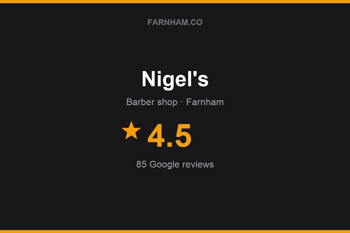 Branded Farnham Direct rating card for Nigel's: 4.5 stars, 85 Google reviews
