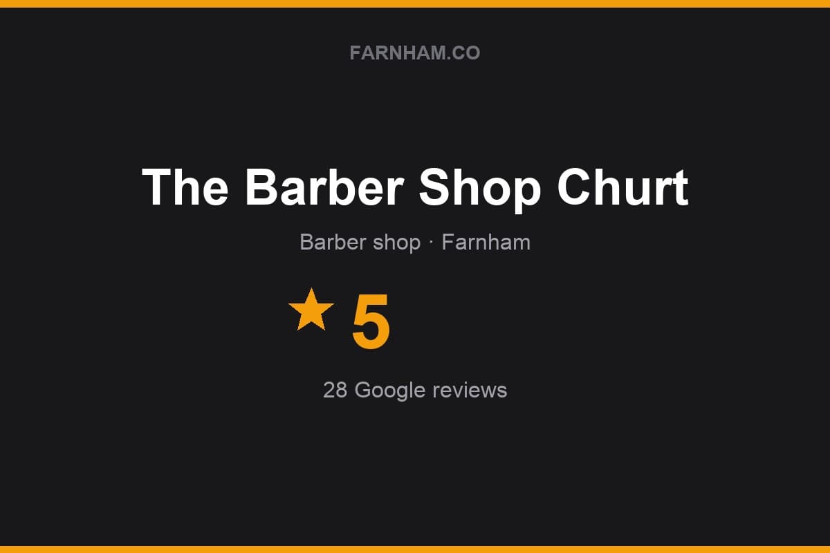 Branded Farnham Direct rating card for The Barber Shop Churt: 5 stars, 28 Google reviews