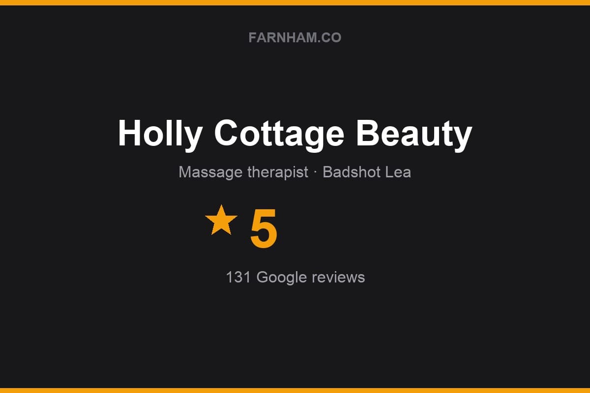 Branded Farnham Direct rating card for Holly Cottage Beauty: 5 stars, 131 Google reviews