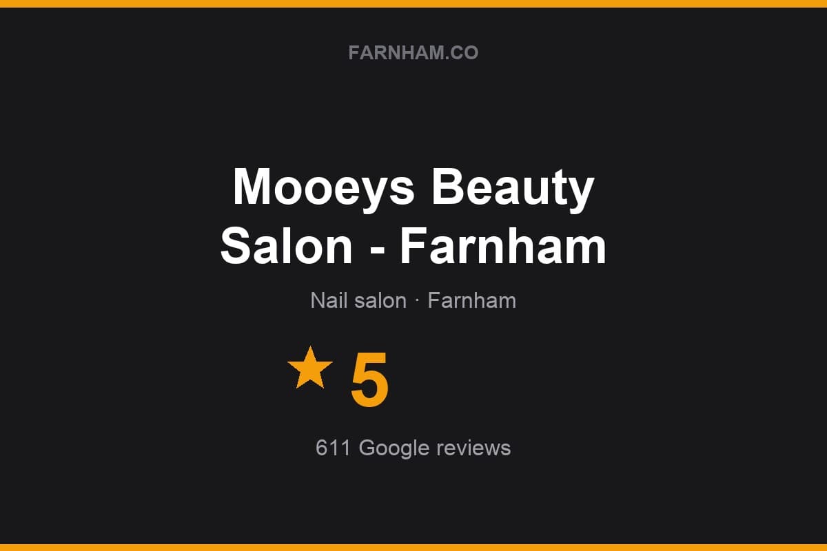 Branded Farnham Direct rating card for Mooeys Beauty Salon - Farnham: 5 stars, 611 Google reviews