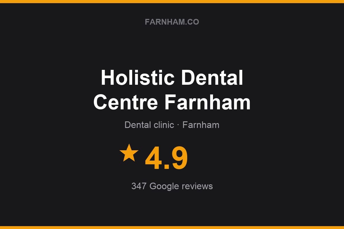 Branded Farnham Direct rating card for Holistic Dental Centre Farnham: 4.9 stars, 347 Google reviews