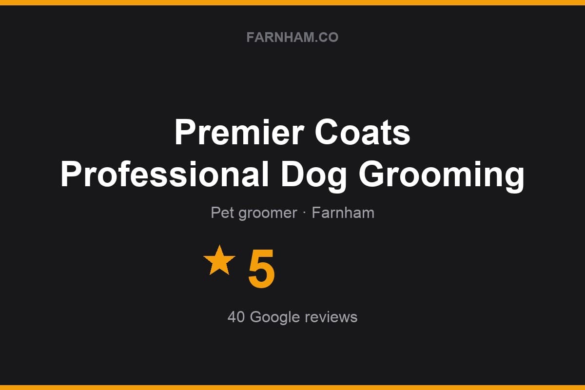 Branded Farnham Direct rating card for Premier Coats Professional Dog Grooming: 5 stars, 40 Google reviews