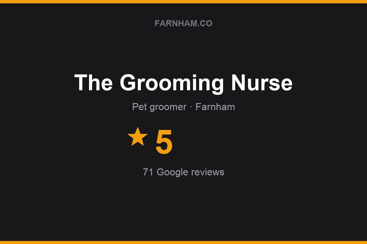 Branded Farnham Direct rating card for The Grooming Nurse: 5 stars, 71 Google reviews