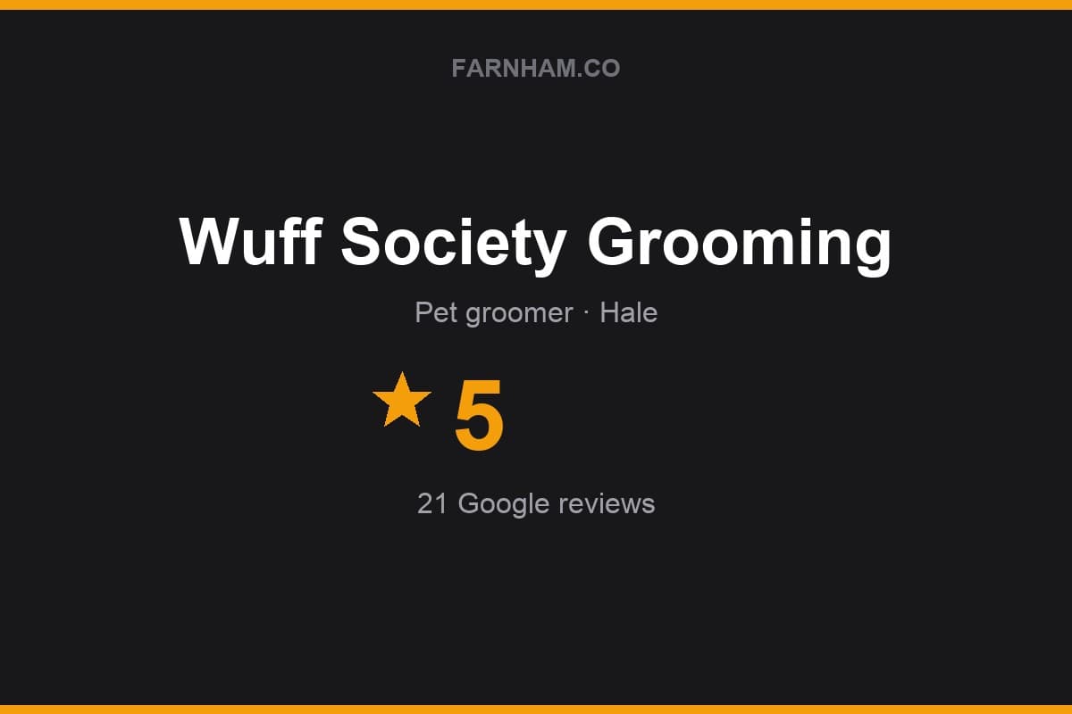 Branded Farnham Direct rating card for Wuff Society Grooming: 5 stars, 21 Google reviews