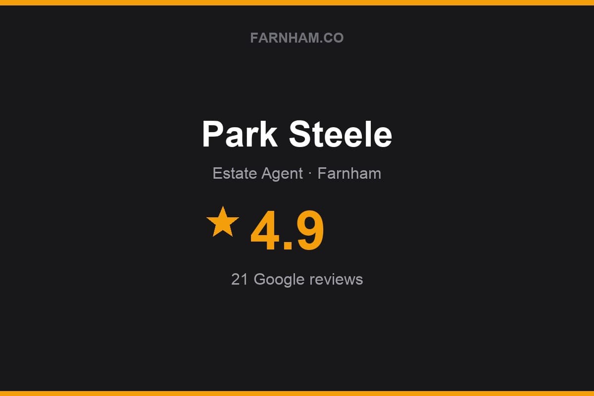 Branded Farnham Direct rating card for Park Steele: 4.9 stars, 21 Google reviews