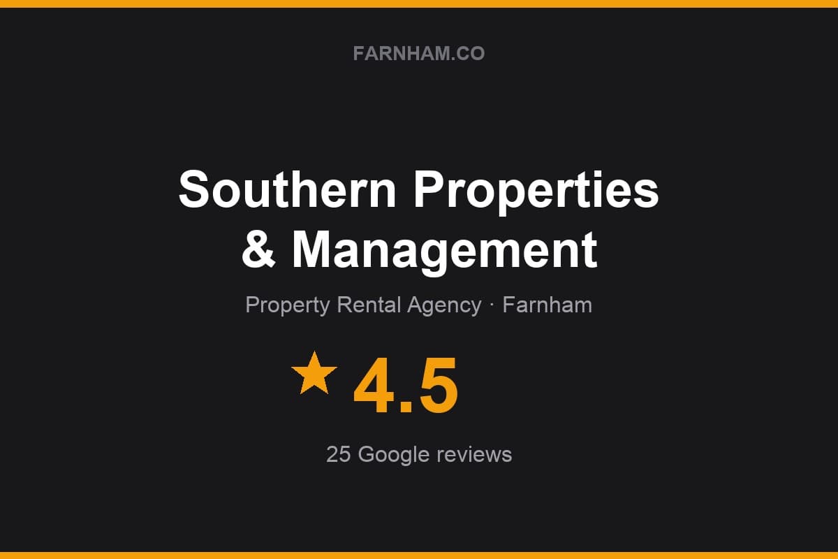 Branded Farnham Direct rating card for Southern Properties & Management: 4.5 stars, 25 Google reviews
