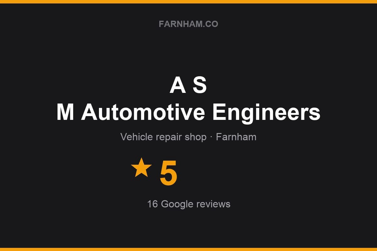 Branded Farnham Direct rating card for A S M Automotive Engineers: 5 stars, 16 Google reviews