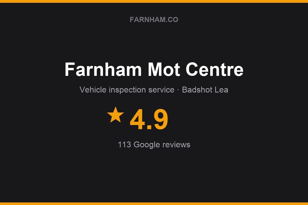 Branded Farnham Direct rating card for Farnham Mot Centre: 4.9 stars, 113 Google reviews