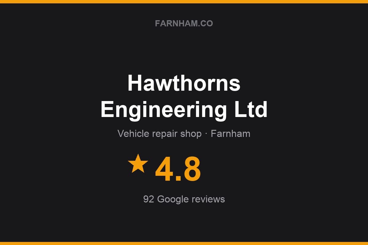 Branded Farnham Direct rating card for Hawthorns Engineering Ltd: 4.8 stars, 92 Google reviews