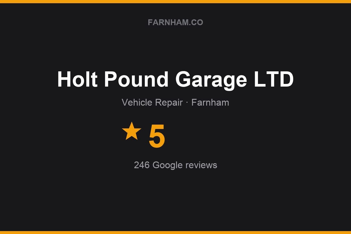 Branded Farnham Direct rating card for Holt Pound Garage LTD: 5 stars, 246 Google reviews
