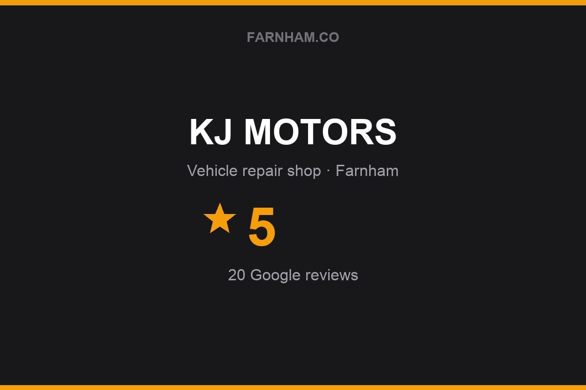 Branded Farnham Direct rating card for KJ MOTORS: 5 stars, 20 Google reviews