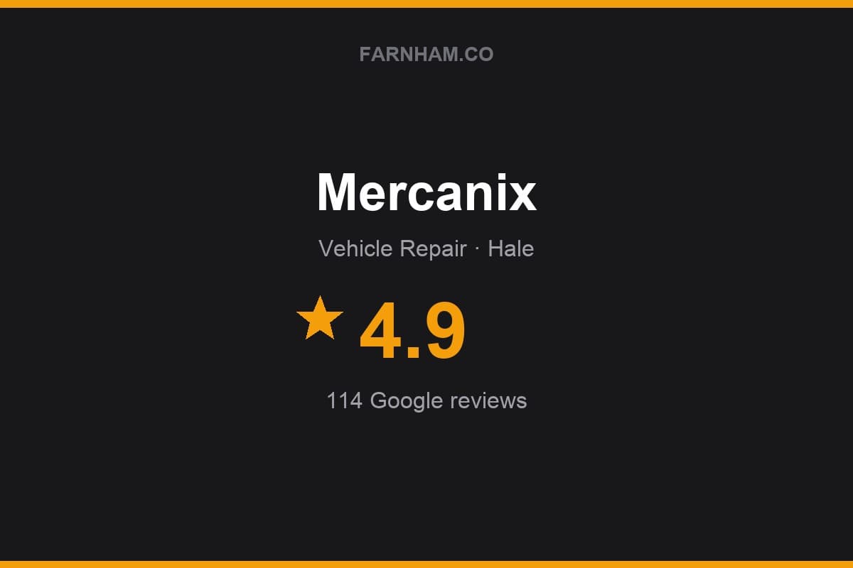 Branded Farnham Direct rating card for Mercanix: 4.9 stars, 114 Google reviews