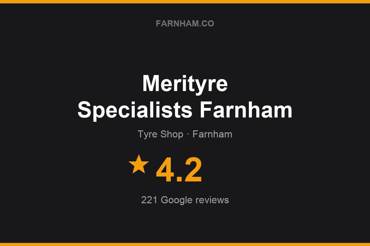 Branded Farnham Direct rating card for Merityre Specialists Farnham: 4.2 stars, 221 Google reviews