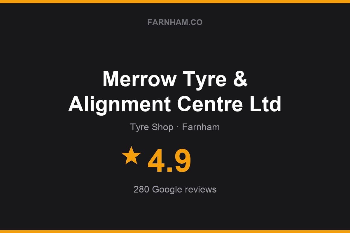 Branded Farnham Direct rating card for Merrow Tyre & Alignment Centre Ltd: 4.9 stars, 280 Google reviews