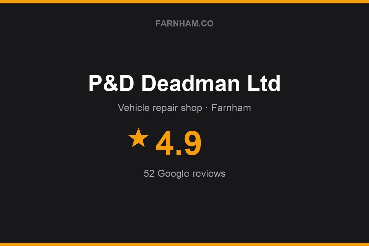 Branded Farnham Direct rating card for P&D Deadman Ltd: 4.9 stars, 52 Google reviews