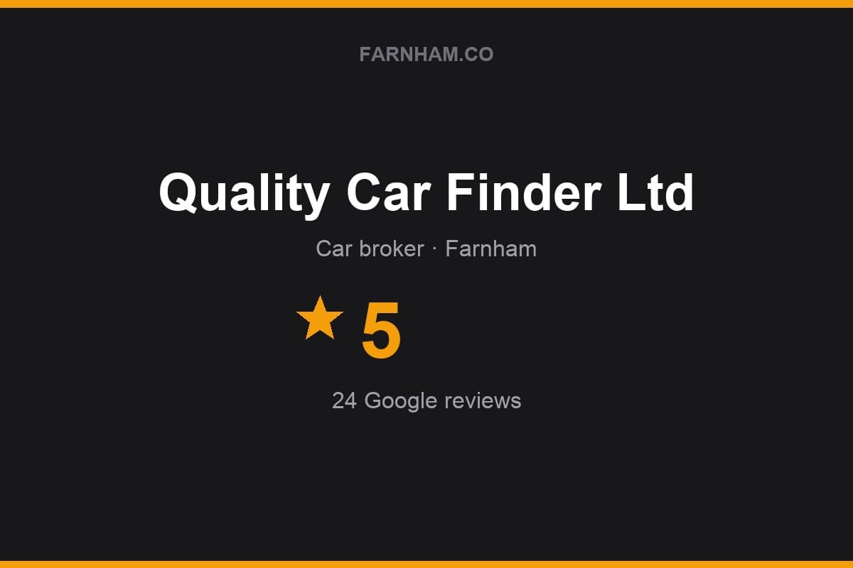 Branded Farnham Direct rating card for Quality Car Finder Ltd: 5 stars, 24 Google reviews