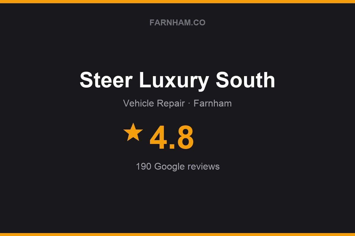Branded Farnham Direct rating card for Steer Luxury South: 4.8 stars, 190 Google reviews