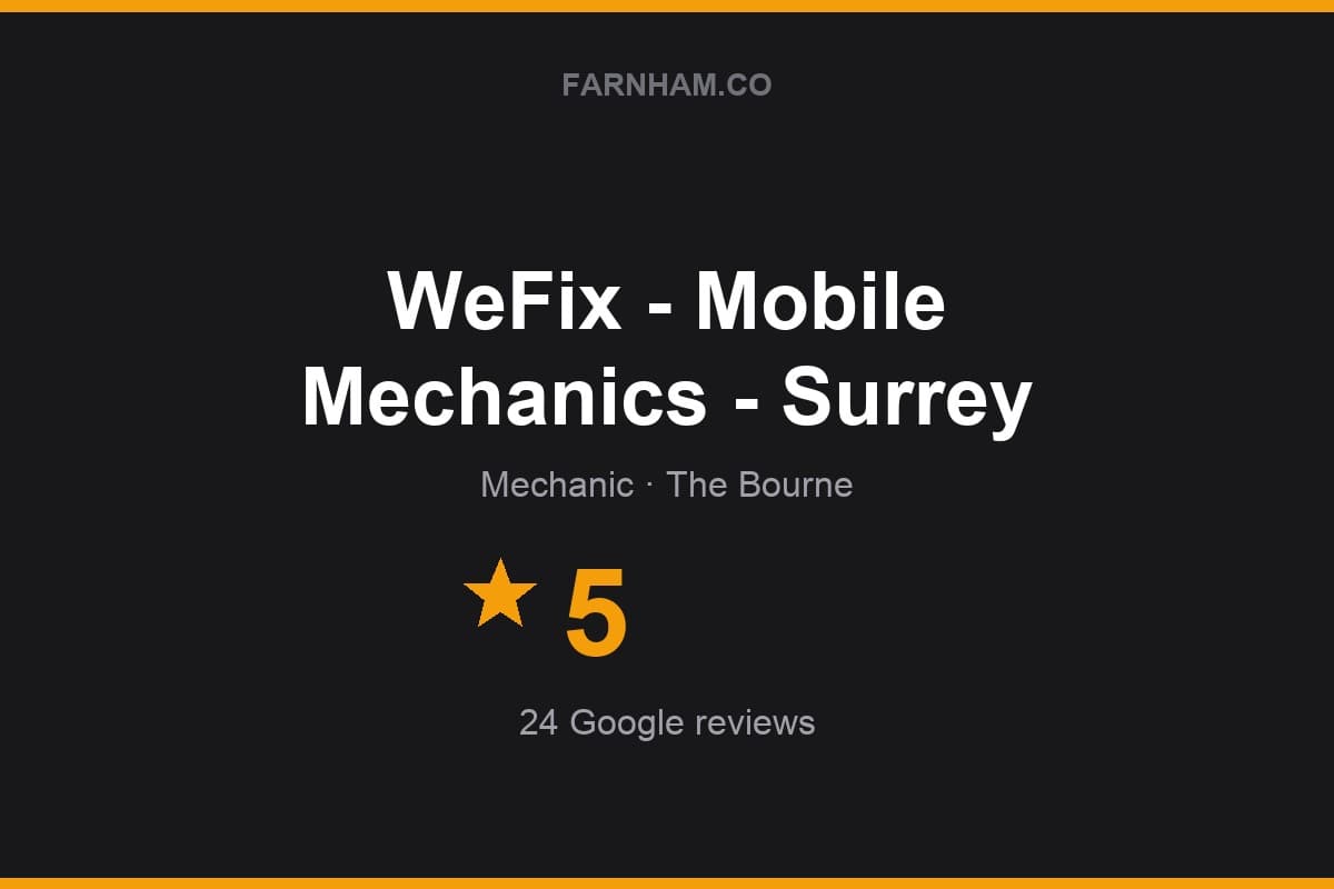 Branded Farnham Direct rating card for WeFix - Mobile Mechanics - Surrey: 5 stars, 24 Google reviews