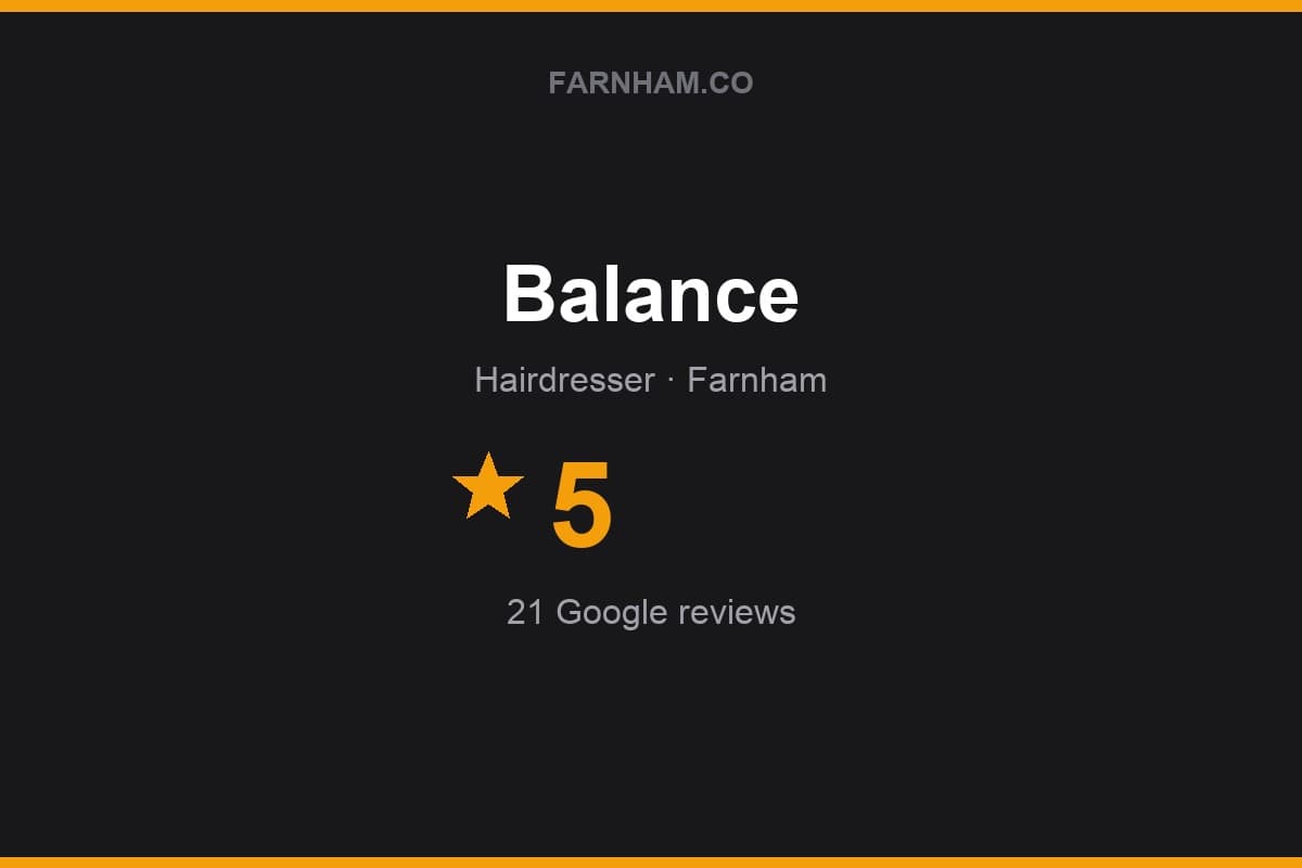 Branded Farnham Direct rating card for Balance: 5 stars, 21 Google reviews