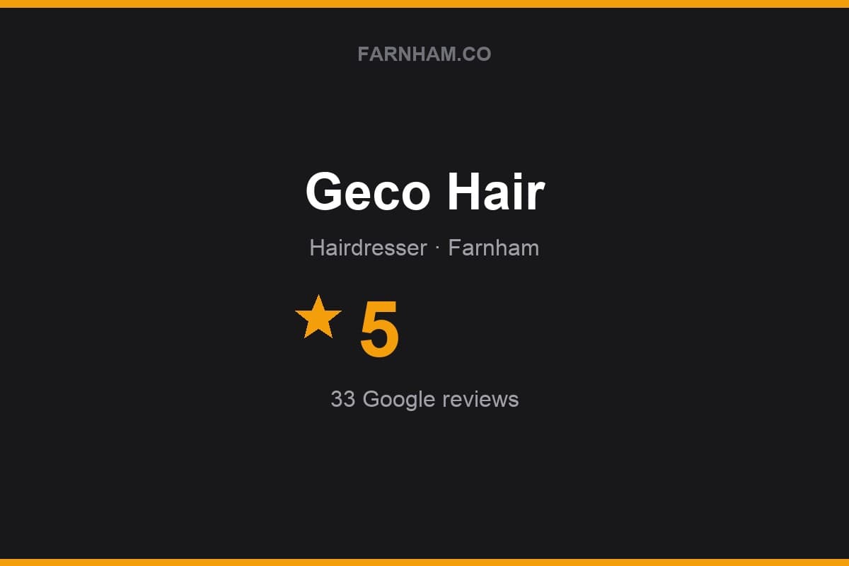 Branded Farnham Direct rating card for Geco Hair: 5 stars, 33 Google reviews