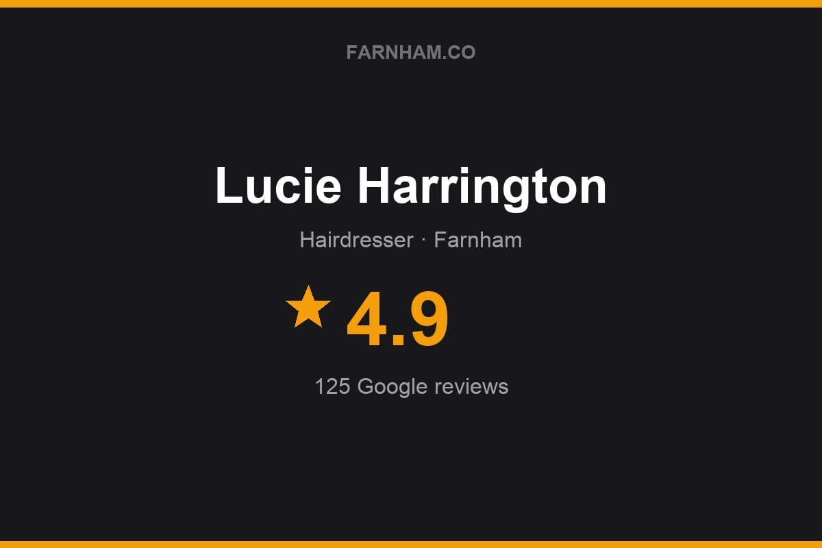 Branded Farnham Direct rating card for Lucie Harrington: 4.9 stars, 125 Google reviews