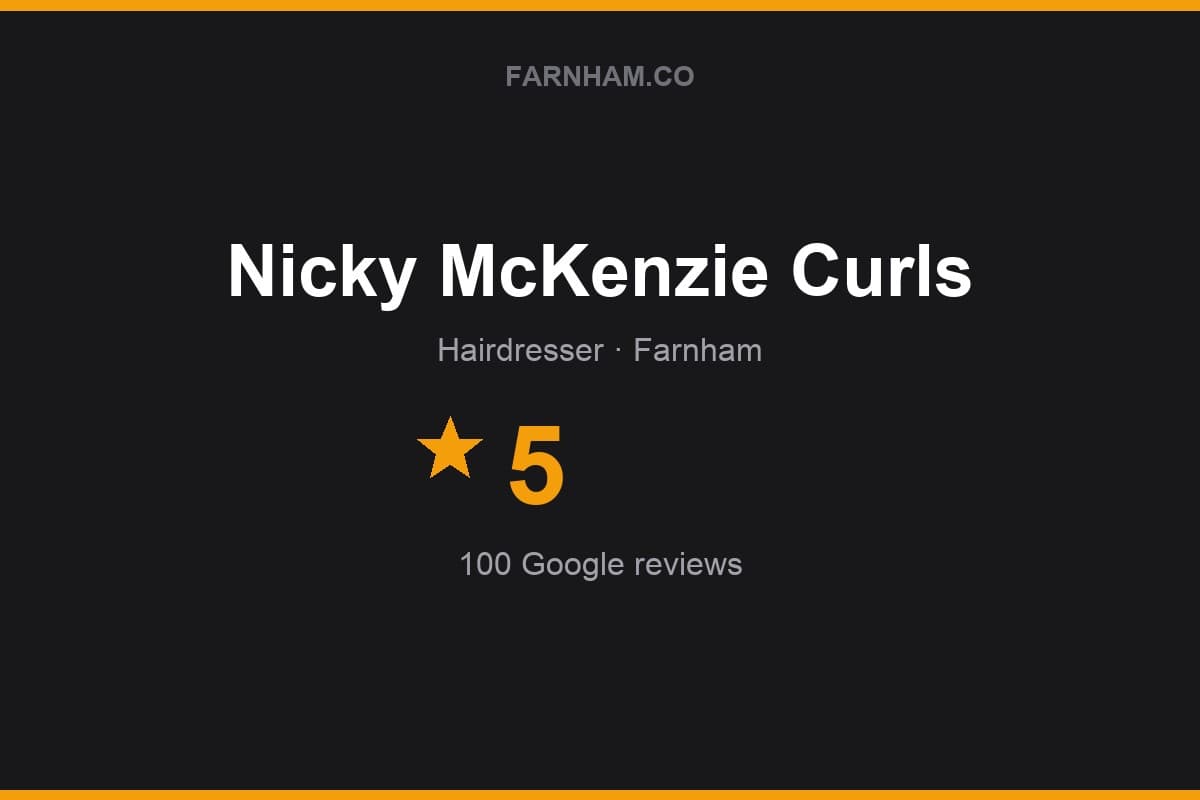 Branded Farnham Direct rating card for Nicky McKenzie Curls: 5 stars, 100 Google reviews