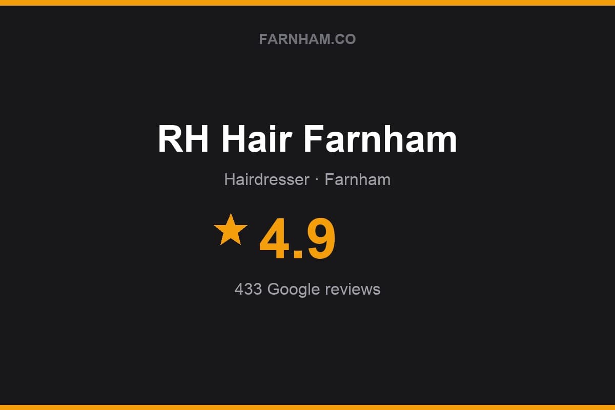 Branded Farnham Direct rating card for RH Hair Farnham: 4.9 stars, 433 Google reviews