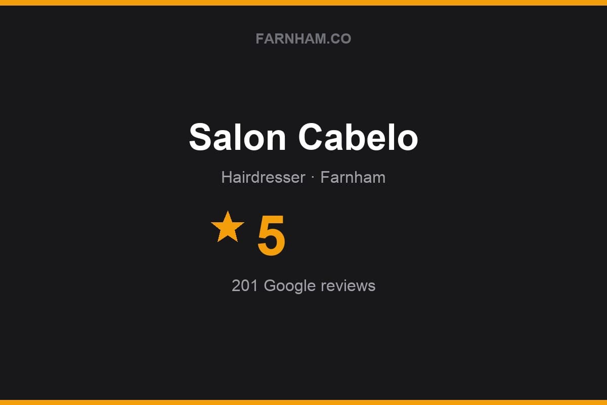 Branded Farnham Direct rating card for Salon Cabelo: 5 stars, 201 Google reviews