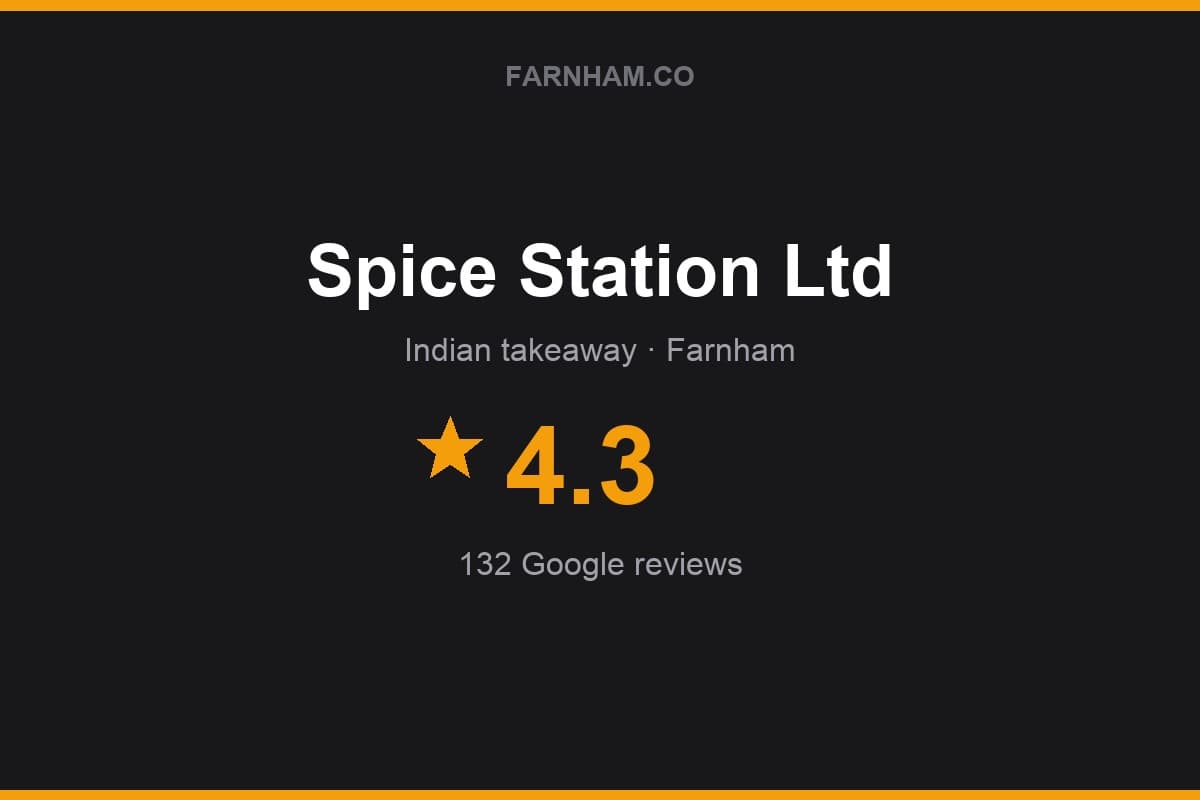 Branded Farnham Direct rating card for Spice Station Ltd: 4.3 stars, 132 Google reviews