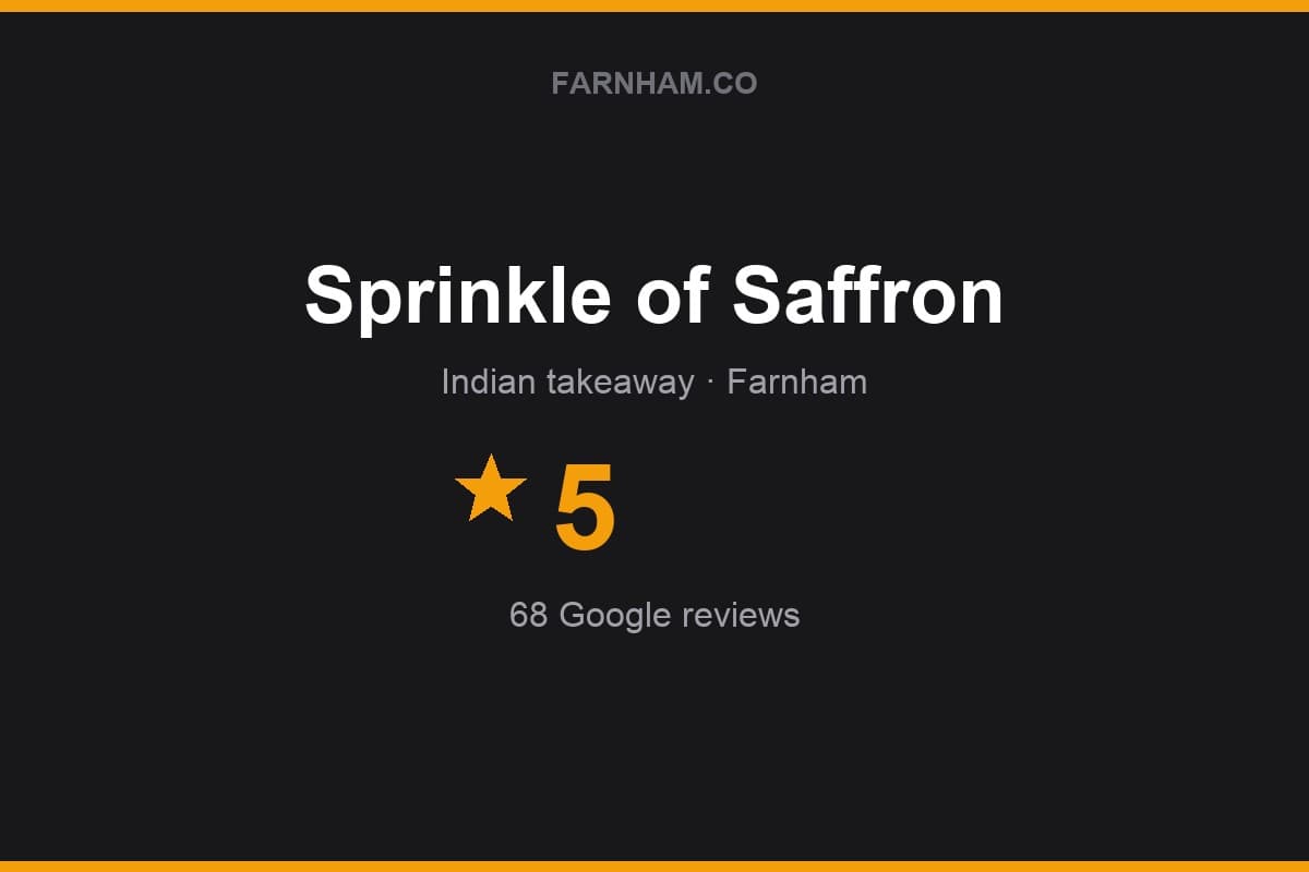 Branded Farnham Direct rating card for Sprinkle of Saffron: 5 stars, 68 Google reviews