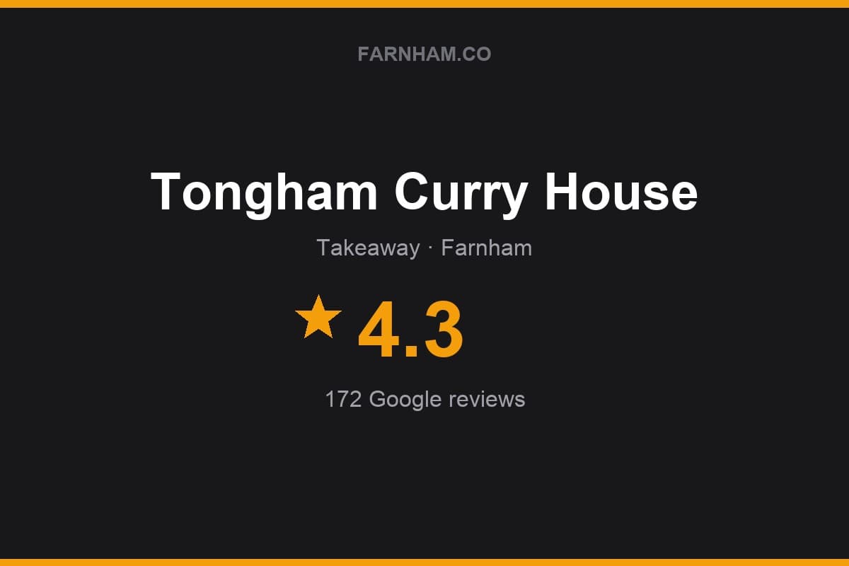 Branded Farnham Direct rating card for Tongham Curry House: 4.3 stars, 172 Google reviews