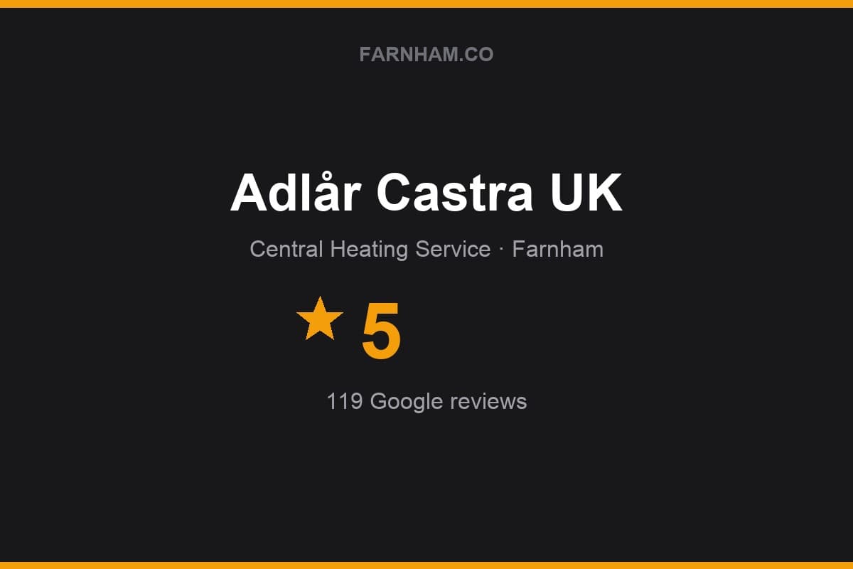 Branded Farnham Direct rating card for Adlår Castra UK: 5 stars, 119 Google reviews