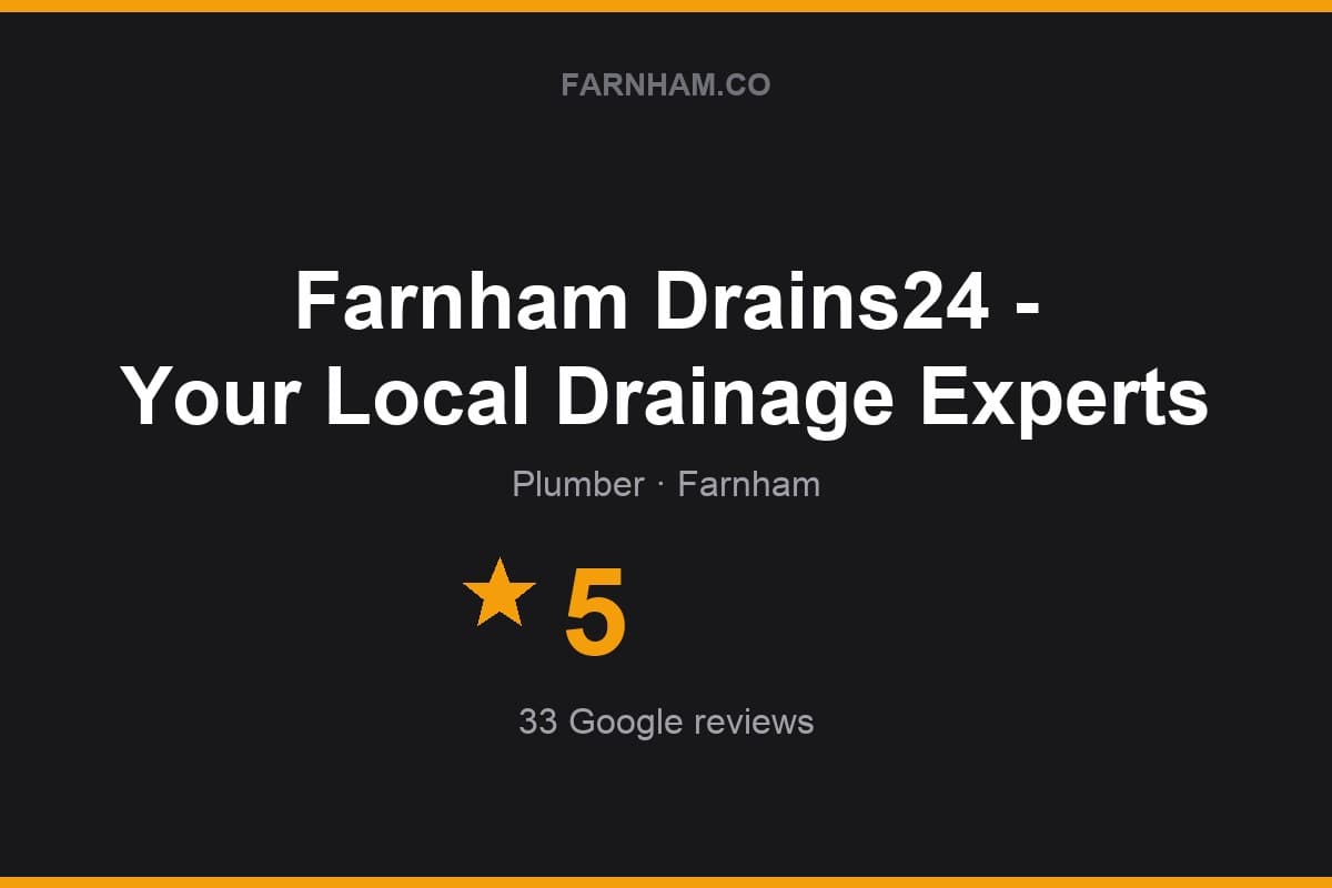 Branded Farnham Direct rating card for Farnham Drains24 - Your Local Drainage Experts: 5 stars, 33 Google reviews