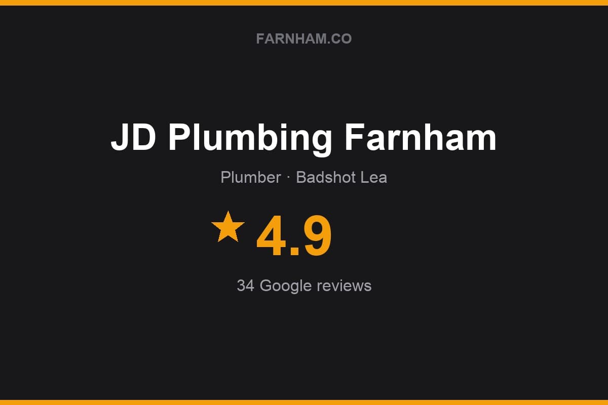 Branded Farnham Direct rating card for JD Plumbing Farnham: 4.9 stars, 34 Google reviews