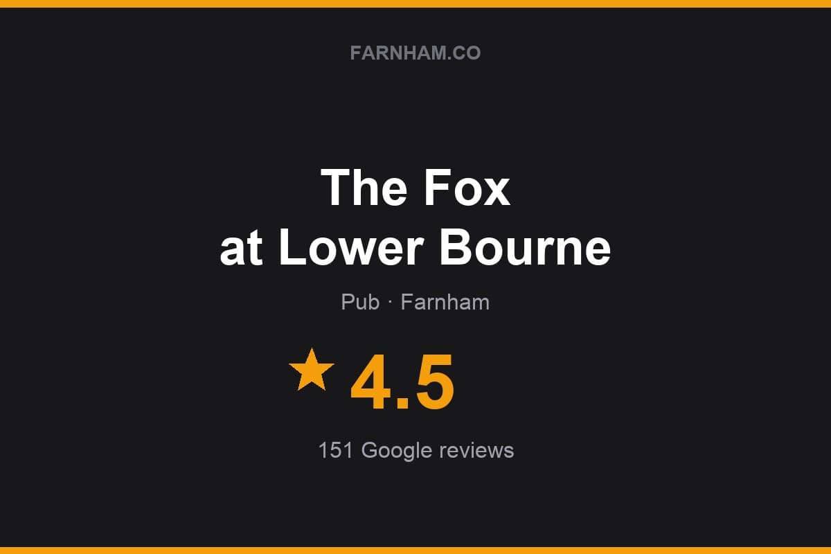 Branded Farnham Direct rating card for The Fox at Lower Bourne: 4.5 stars, 151 Google reviews
