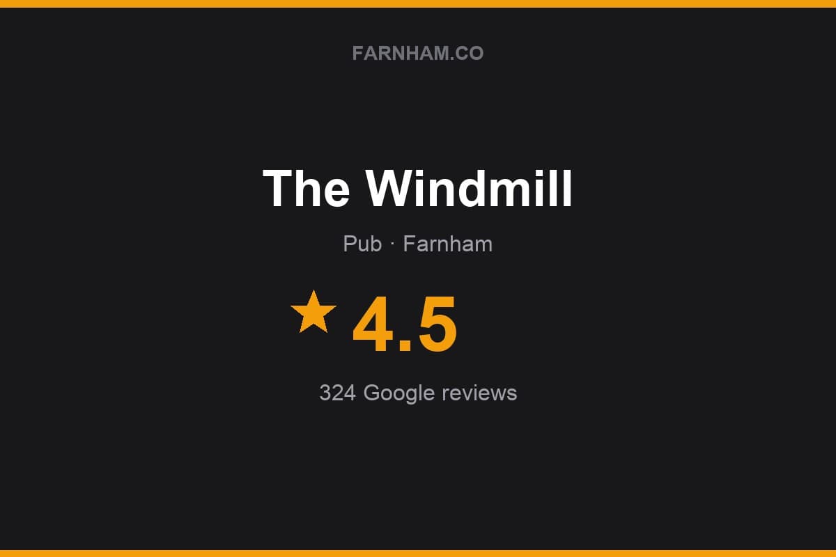 Branded Farnham Direct rating card for The Windmill: 4.5 stars, 324 Google reviews