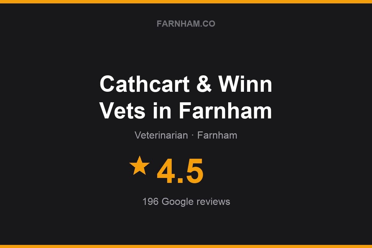 Branded Farnham Direct rating card for Cathcart & Winn Vets in Farnham: 4.5 stars, 196 Google reviews