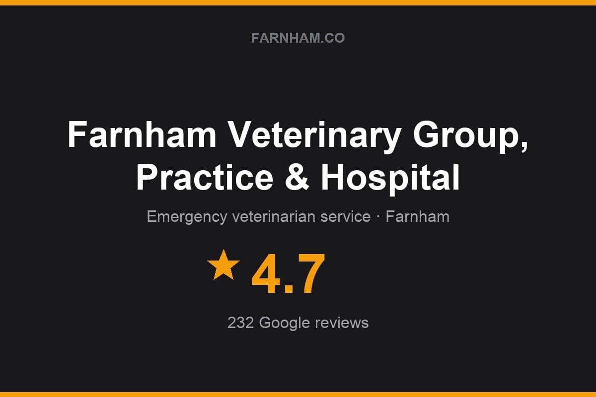 Branded Farnham Direct rating card for Farnham Veterinary Group, Practice & Hospital: 4.7 stars, 232 Google reviews