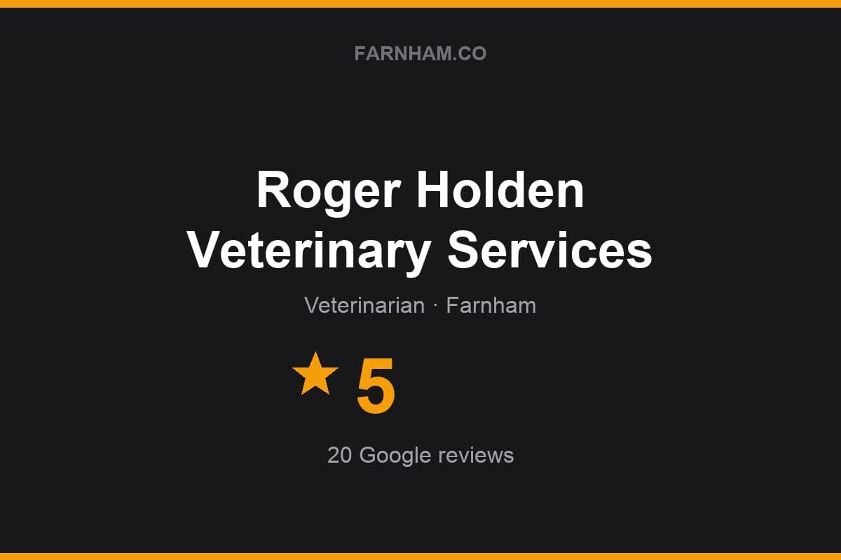 Branded Farnham Direct rating card for Roger Holden Veterinary Services: 5 stars, 20 Google reviews